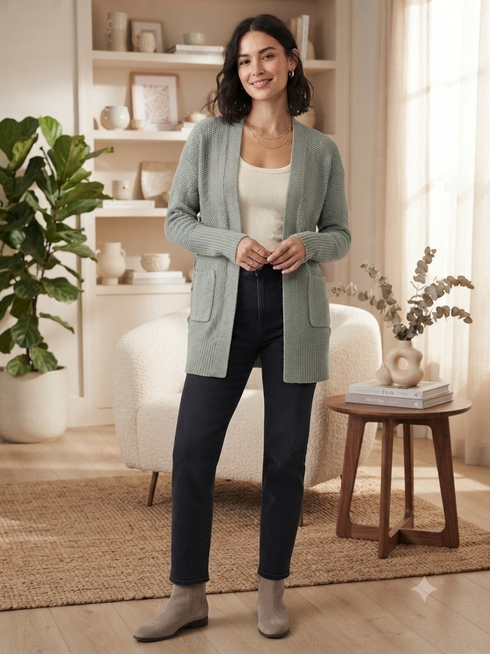 Size M WilD SKYE Open-Front Knit Cardigan in Sage Green